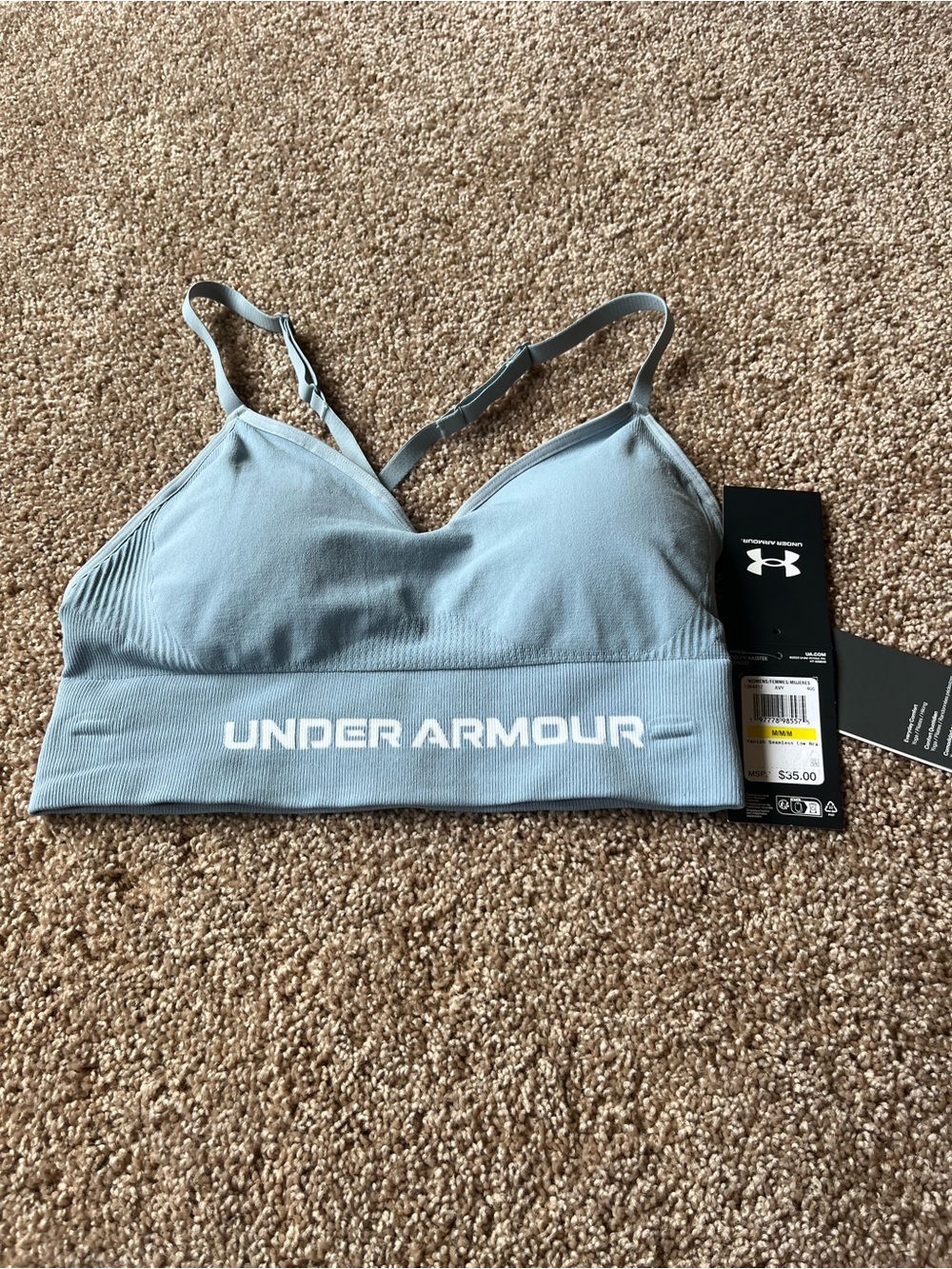 Under Armour Pale Blue Padded Sports Bra with White Logo size medium NWT
